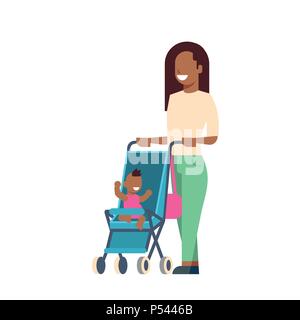 african mother baby son in stroller full length avatar on white background, successful family concept, flat cartoon Stock Vector