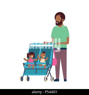 african father beard baby sister brother twins double stroller full length avatar on white background, successful family concept, flat cartoon Stock Vector