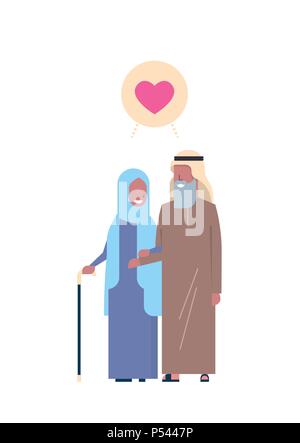 arabic grandparents couple in love, full length avatar on white background, successful family concept, tree of genus flat cartoon design Stock Vector
