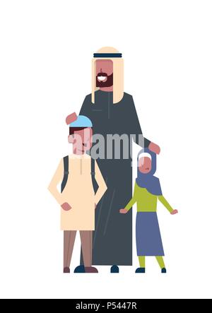 arabic father beard son and daughter full length avatar on white background, successful family concept, flat cartoon Stock Vector