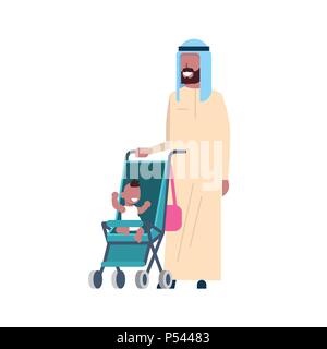 arab father beard with baby son in stroller full length avatar on white background, successful family concept, flat cartoon Stock Vector