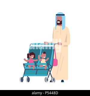 arab father beard baby sister brother twins double stroller full length avatar on white background, successful family concept, flat cartoon Stock Vector