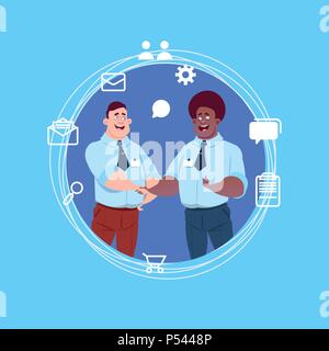 two mix race business men handshake over blue chat icons background agreement concept flat Stock Vector