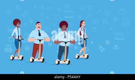 mix race business team riding gyroscooter over data cloud internet synchronization icon. success team concept over blue background flat design vector illustration Stock Vector