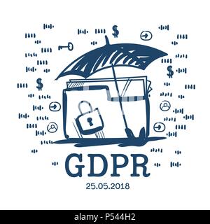 umbrella safety folder padlock General Data Protection Regulation GDPR server security guard over white background hand drawn Stock Vector