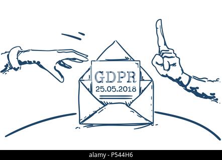 do not touch hand pointing letter in envelope General Data Protection Regulation GDPR server security guard over white background hand drawn vector illustration Stock Vector