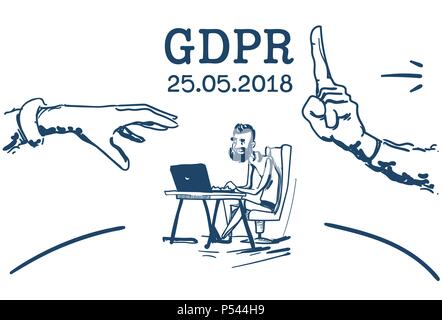 do not touch hand pointing folder businessman working office desk General Data Protection Regulation GDPR server security guard over white background hand drawn Stock Vector