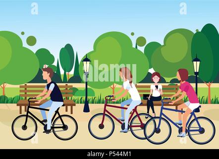 public urban park woman sitting wooden bench outdoors walking cycling green lawn trees template nature background flat Stock Vector