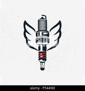 Spark plug with wings. Vintage hand drawn automobile tools. Sparking-plug in silhouette style. Stock vector isolated on white background Stock Vector