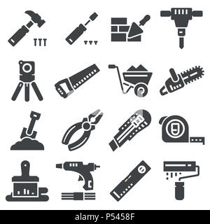 Stock vector illustration set isolated icons building tools , construction buildings, hammer, screwdriver, saw, ruler, helmet, roller, brush, kit flat Stock Vector