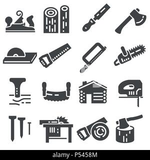 Carpentry wood work tools and equipment black icons set Stock Vector
