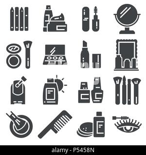Set of Cosmetics Related Vector Icons. Contains such Icons as Cream Bottle, Lipstick, Makeup Brush and more Stock Vector