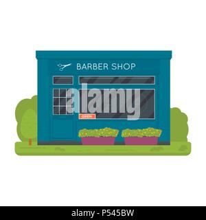 Vector flat design exterior and  barber shop facade. Store front window buildings icon isolated on white background. Stock Vector