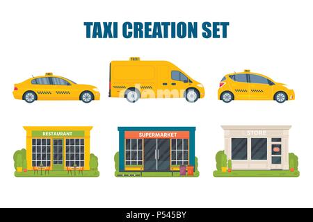 Taxi creation set with different type of machine yellow cab, building of restaurant, supermarket, store, shop.  Flat vector illustration isolated on w Stock Vector