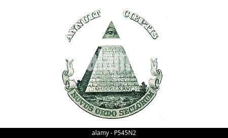 Dollar USA, pyramid, Eye of Providence. Extreme closeup.Macro. Pyramid of one dollar bill isolated on white background. You can be used for successful Stock Photo