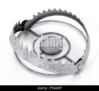 A metal animal trap that is open attached to the ground with a metal chain  on an isolated background Stock Photo - Alamy