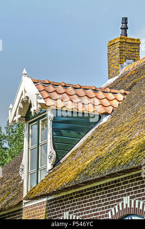 Traditional dormer cladded with wood and roof tiles on a thatched roof near Giethoorn, The Netherlands Stock Photo