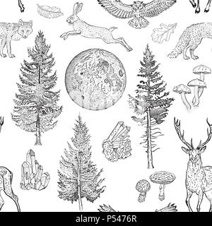Full moon magic seamless pattern. Spruce, fir tree, mushrooms, fox, hare, deer, leaves, crystals. Hand drawn vintage tattoo engraving style vector illustration black on white. Nature, fantasy, boho. Stock Vector