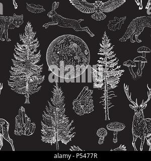 Full moon magic seamless pattern. Spruce, fir tree, mushrooms, fox, hare, deer, leaves, crystals. Hand drawn vintage tattoo engraving style vector illustration white on black. Nature, fantasy, boho. Stock Vector
