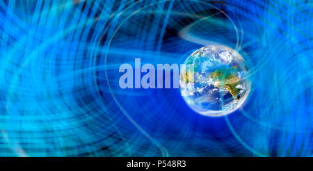 Digitally Generated Image of light and wave pattern with globe Stock Photo