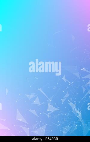 Abstract geometrical purple blue vertical background of flying triangles. Connected triangles. Plexus. Backdrop for your design. Vector illustration.  Stock Vector