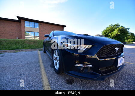 Black 2017 Ford Mustang V6, unusual angle Stock Photo