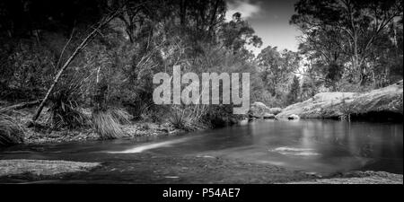 Black and White Neutral Density Shot of Water looking like Ice and Mist (Creek Bed, Megalong Valley, Blue Mountains, NSW, Australia) Stock Photo