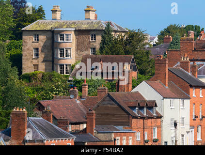 Dinham Hall Hotel overlooks houses in Mill Street, Ludlow, Shropshire. Stock Photo