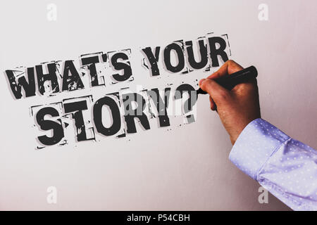 Handwriting text What'S Your Story Question. Concept meaning Connect Communicate Connectivity Connection Advisors hand holding black marker whiteboard Stock Photo