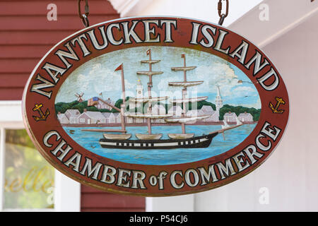 Sign hanging in front of the Nantucket Island Chamber of Commerce in Nantucket, Massachusetts. Stock Photo