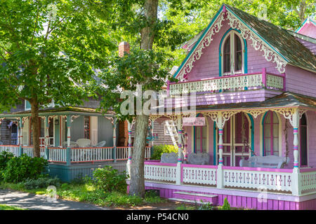Colorful gingerbread cottages in the Martha's Vineyard Camp Meeting Association (MVCMA) in Oak Bluffs, Massachusetts. Stock Photo