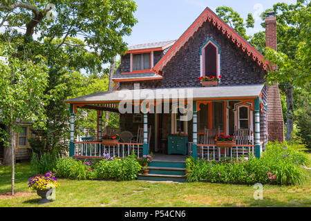 A colorful gingerbread cottage in the Martha's Vineyard Camp Meeting Association (MVCMA) in Oak Bluffs, Massachusetts. Stock Photo