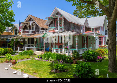 Colorful gingerbread cottages in the Martha's Vineyard Camp Meeting Association (MVCMA) in Oak Bluffs, Massachusetts. Stock Photo