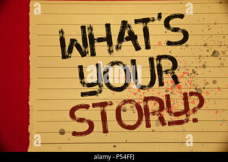 Handwriting text What'S Your Story Question. Concept meaning Connect Communicate Connectivity Connection Mellow yellow color page written black and re Stock Photo