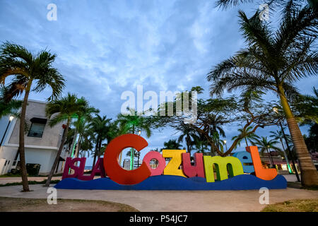 The Cozumel selfie sign at dusk on the main square of the island in Mexico Stock Photo