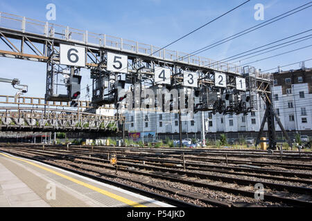 Royal Oak signaling gantry on approach to Paddington Station, London, UK Stock Photo