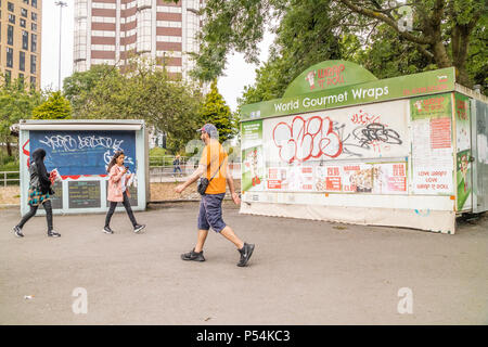 Fastfood outlets in a underpass covered in graffiti, Birmingham, UK Stock Photo