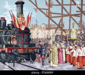 Inauguration of a direct rail from Madrid to Ciudad Real. The Cardinal Archbishop of Toledo bless the locomotive 'Badajoz' (1879), in the presence of King Alfonso XII. Engraving in The Spanish and American Illustration. Colored. Stock Photo