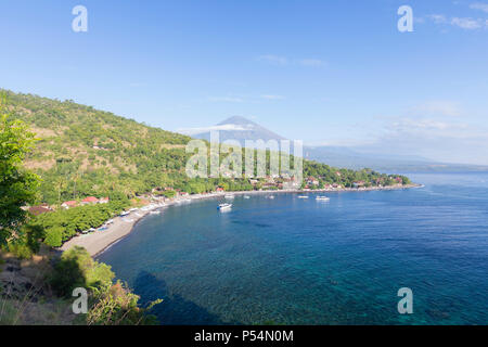 Amed beach with the Agung volcano in the background, Bali, Indonesia Stock Photo