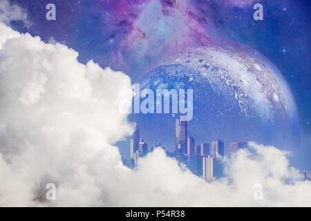 Fantasy unreal landscape - beautiful white clouds reveal modern city skyscrapers and huge alien planet with galaxy. Elements of this image are furnish Stock Photo