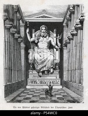 Historia Antigua. Las siete maravillas del mundo antiguo. Estatua y templo de Zeus (Júpiter). Grabado alemán de 1886. Stock Photo