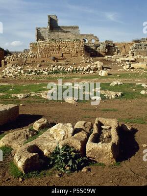 Syria. Rueiha. Dead Cities or Forgotten Cities. Northwest Syria. Roman Empire to Byzantine Christianity. 1st to 7th century, abandoned between 8th-10th centuries. Unesco World Heritage Site. Historical photography (before Civil War Syria). Stock Photo