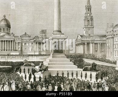 Meeting of workers unemployed in Trafalgar Square. London. United Kingdom. 1886. Engraving. Stock Photo