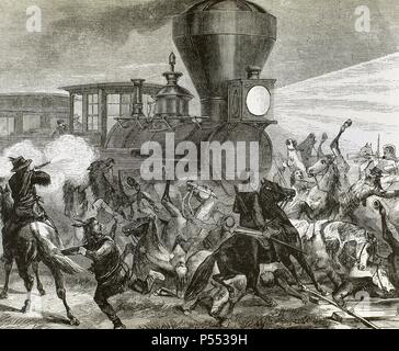 HISTORIA DEL OESTE AMERICANO. Siglo XIX. Tren de la UNION PACIFIC atacado por los indios el 14 de junio de 1870, un año después que la linea transcontinental fuera finalizada. Grabado del diario ilustrado de FRANK LESLIE del 9 de julio de 1870. Stock Photo