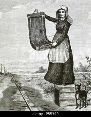 HISTORIA DEL OESTE AMERICANO. Siglo XIX. Señal para que el tren correo pare en la estación, dado que no lo hacía en las pequeñas y aisladas a no ser que hubiera una indicación. Grabado del 1875. Harper's Weekly. Stock Photo