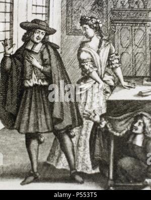 MOLIERE, Jean Baptiste Poquelin, llamado (París, 1622-París, 1673). Dramaturgo y actor francés. 'PRIMERA REPRESENTACION DE LA OBRA EL TARTUFO' (Agosto de 1667). Grabado. Stock Photo