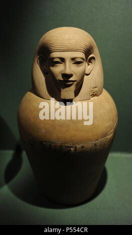 Canopic jar for the deceased's liver, lungs, stomach and intestines. Tomb 116. Cemetery A. Riqqeh, Egypt. C.1950-1800 BC. Middle Kingdom. Limestone. Ny Carlsberg Glyptotek Museum. Copenhagen. Denmark. Stock Photo