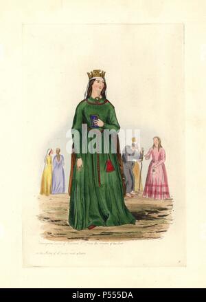 Berengaria, Queen of Richard I (d. 1230). She holds a prayer book and wears an alms purse (aumoniere) on her girdle. From the remains of her tomb in the Abbey of l'Epau (l'Espan) near Le Mans. Handcolored engraving from 'Civil Costume of England from the Conquest to the Present Period' drawn by Charles Martin and etched by Leopold Martin, London, Henry Bohn, 1842. The costumes were drawn from tapestries, monumental effigies, illuminated manuscripts. Charles and Leopold Martin were the sons of the romantic artist and mezzotint engraver John Martin (1789-1854). Stock Photo