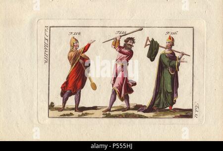 Norman noblemen in long tunics and mantles: one in long mantle to the calf (114); one in leather shoes 'galoches' decorated in a singular fashion; and one in the manteaux des rois (mantles of the kings) trailing on the ground (116).. . Handcolored copperplate engraving from Robert von Spalart's 'Historical Picture of the Costumes of the Principal People of Antiquity and of the Middle Ages' (1796). Stock Photo