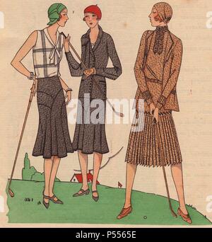 Fashionable women playing golf: Woman in white blouse decorated with lines and pleats, grey wool skirt, green cloche hat; grey crepe silk sports suit in black and white, red cloche hat; tweed sports ensemble in beige and brown, beige cloche hat.. Handcolored pochoir (stencil) lithograph from the French luxury fashion magazine 'Art, Gout, Beaute' 1930.